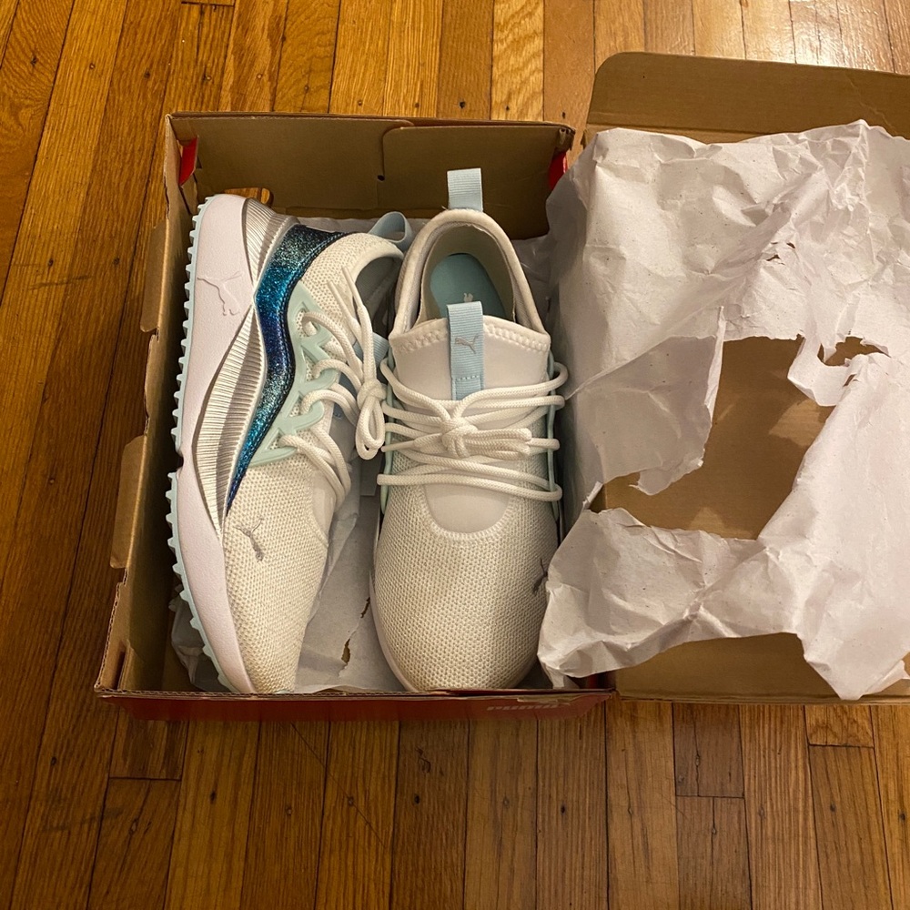 Kids White and Blue Athletic Shoes